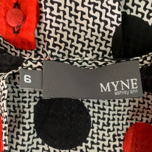 Women Top MYNE Ashley Ann Red Black Polka Dot Ruffle Blouse Button Back Silk Top - Picture 5 of 6